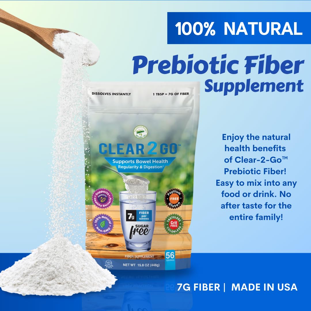 Nutritional Designs Clear 2 Go Prebiotic Inulin Fiber Supplement - All Natural Sugar & Gluten Free Dietary Fiber - Bowel Regularity & Digestive Health for Men & Women (Easy Powder)