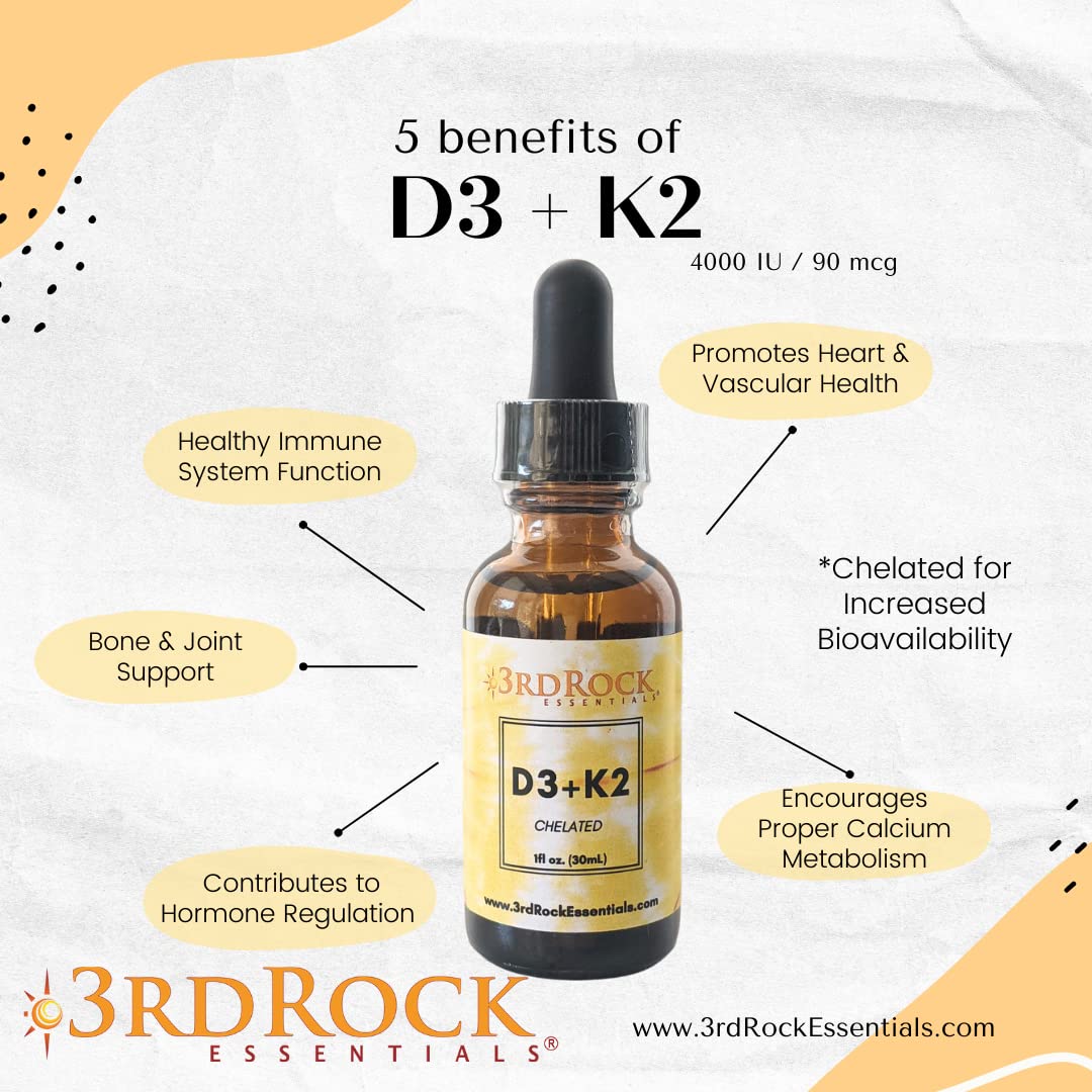 3rd Rock Essentials Vitamins D3 K2 | Chelated Liquid Vitamin Supplement Drops | Vitamin D3 | Vitamin K2 | Support Calcium Absorption Strong Bones Healthy Heart | Vegan | Gluten Free | 1 Fl Oz