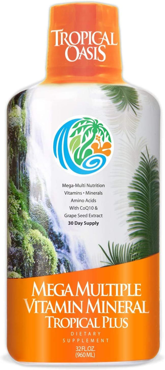 Tropical Oasis Mega Plus - Liquid Multivitamin and Mineral Supplement - Includes 85 Vitamins & Minerals, 20 Amino Acids + CoQ10, Grape Seed Extract & Organic Aloe Vera - 32oz, 32 Servings, 33460