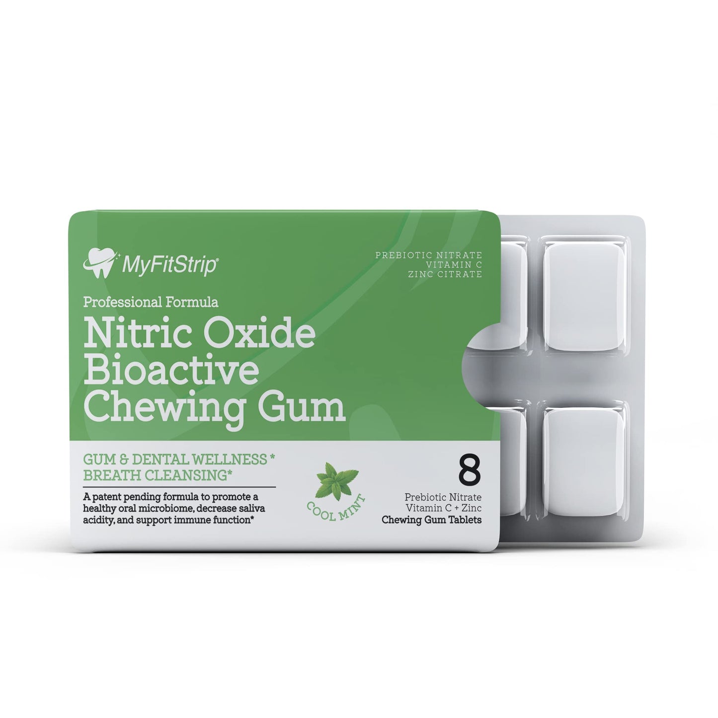 MyFitStrip Prebiotic Nitric Oxide Chewing Gum with Vitamin C, Zinc, Xyitol, and Anthocyanin PRO, a Prebiotic Formula for a Healthy Oral Microbiome - Sugar Free 8 Cool Mints Tablets