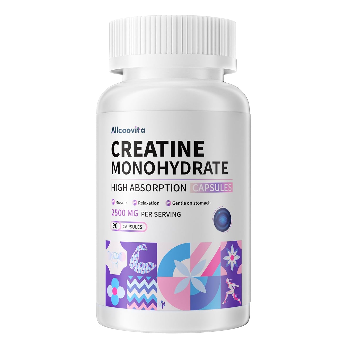 Allcoovita Creatine Monohydrate Capsules -3 Creatine Capsules per Serving, 2500mg, Gluten Free, 90 Capsules
