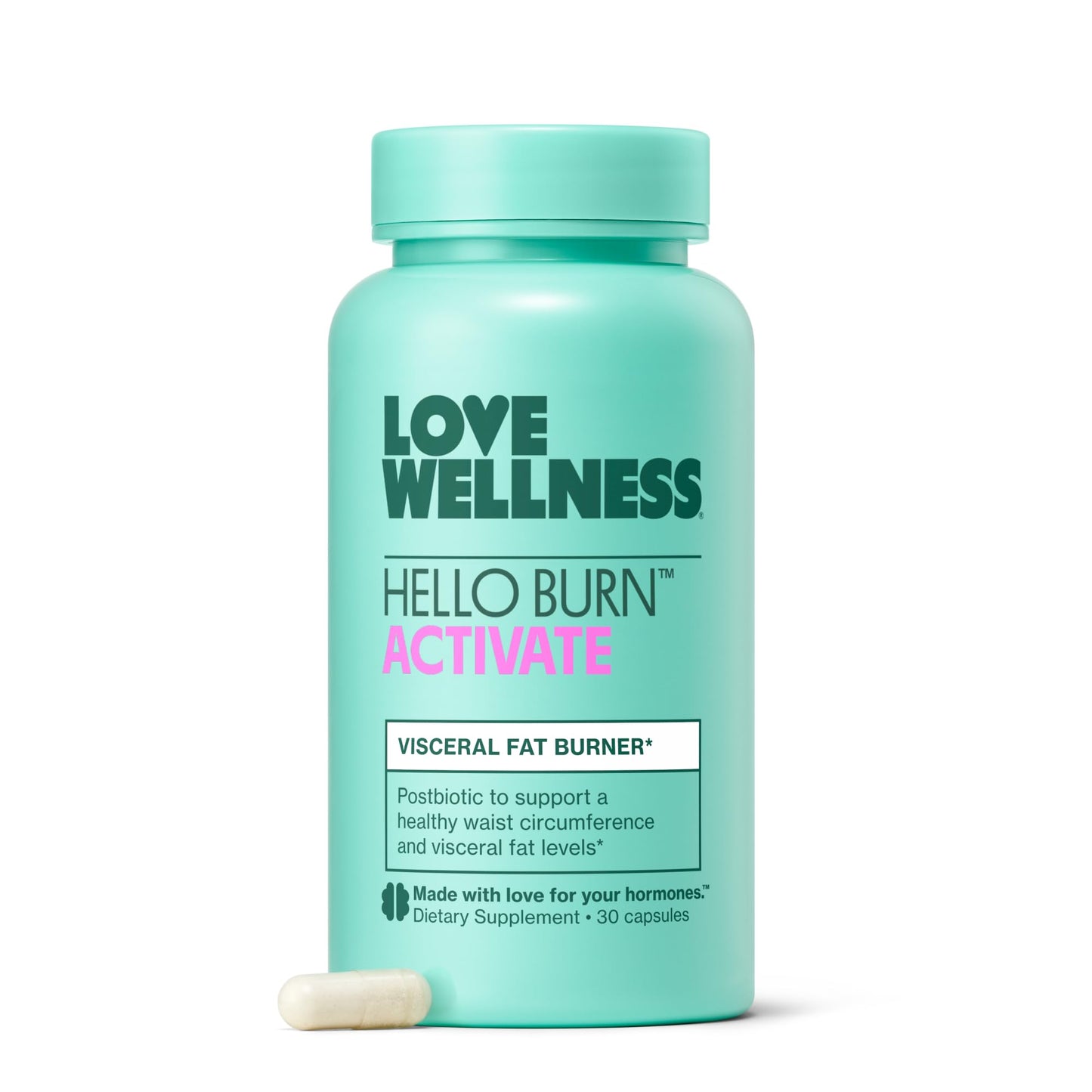 Love Wellness Hello Burn Activate | Visceral Fat Burner with HT BPL1 Postbiotic | Supports Healthy Waist Circumference, Metabolic Wellness and Healthy BMI | 30 Count