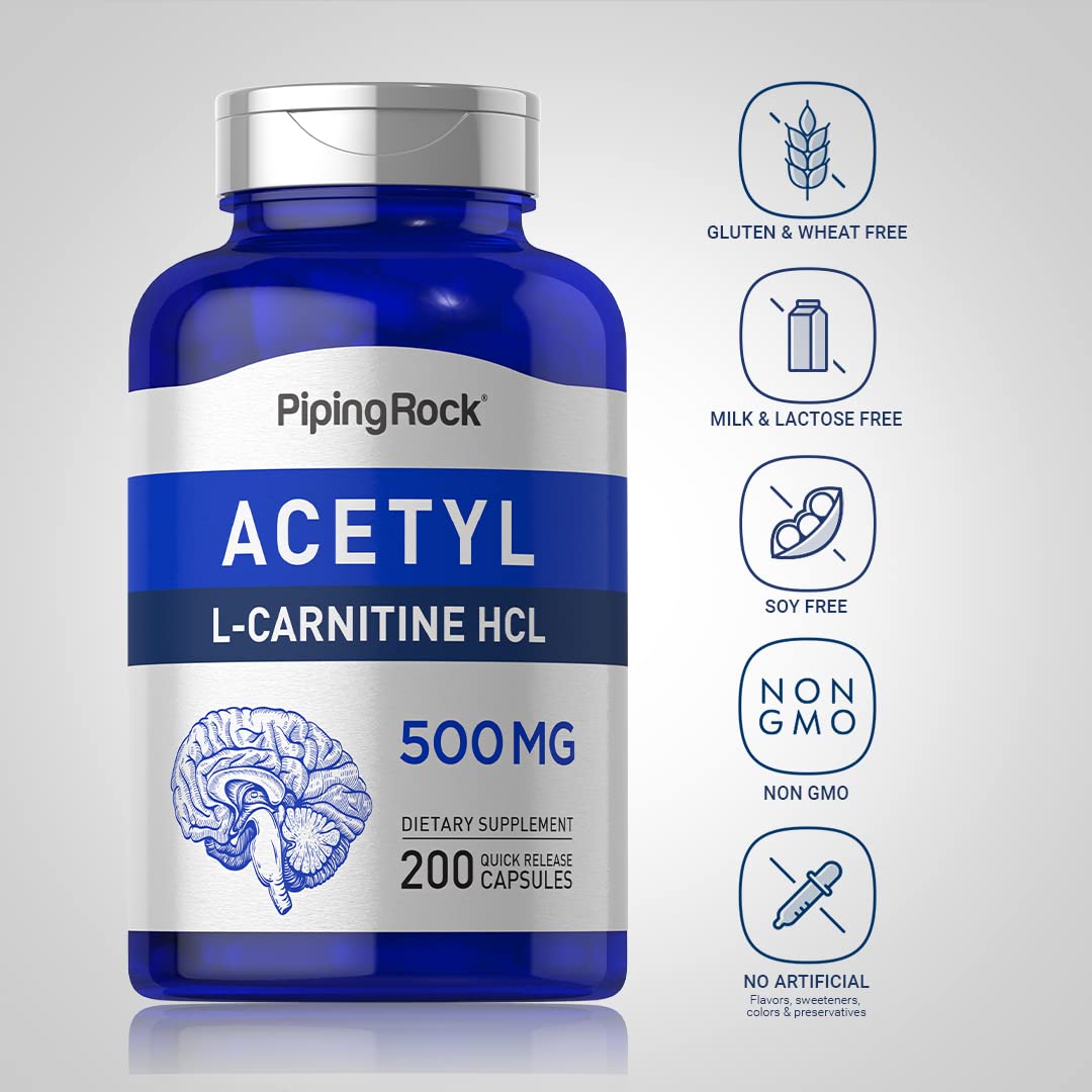 Piping Rock Acetyl L-Carnitine 500mg | 200 Capsules | HCL Supplement | Non-GMO, Gluten Free