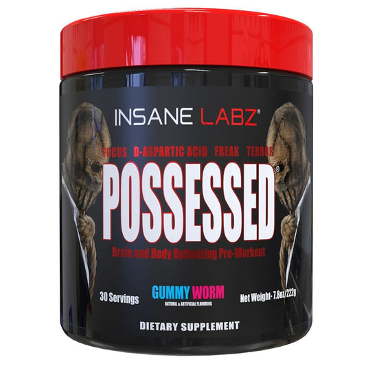Insane Labz Possessed Low Stimulant Testosterone Boosting Pre Workout Powder, Loaded with D Aspartic Acid and Creatine Fueled by AMPiberry and OXYgold, 30 Srvgs, Gummy Worm