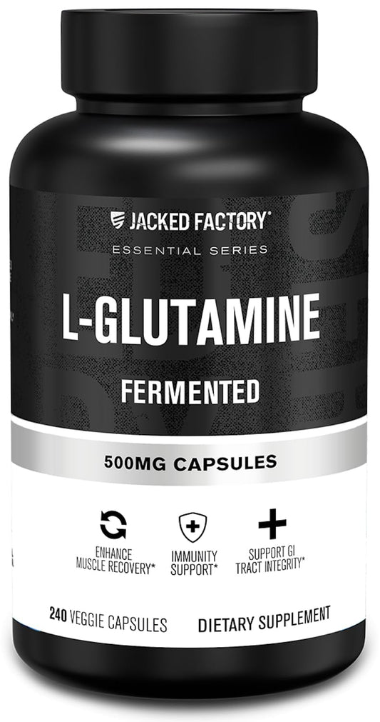 Jacked Factory L-Glutamine Capsules 500mg - Vegan Fermented L Glutamine Supplement for Post Workout Muscle Recovery, Immunity, Digestive Health - 240 Capsules