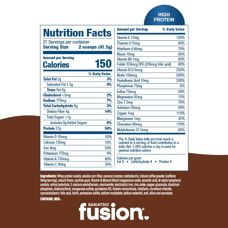 Bariatric Fusion Cappucino Meal Replacement 27g Protein Powder, 21 Serving Tub for Bariatric Surgery Patients Including Gastric Bypass and Sleeve Gastrectomy - No Gluten, Aspartame or Sugar