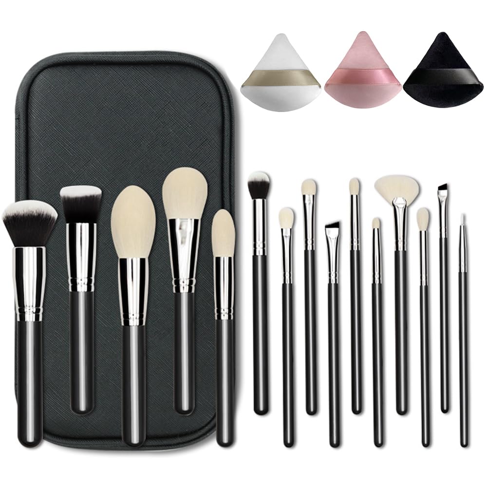 Professional Natural Travel Goat Hair Makeup Brushes with case, 15Pcs Kabuki Face Powder & Eye Makeup Brush set With Ultra Soft Premium Dense Hair, Valentines Day Gifts