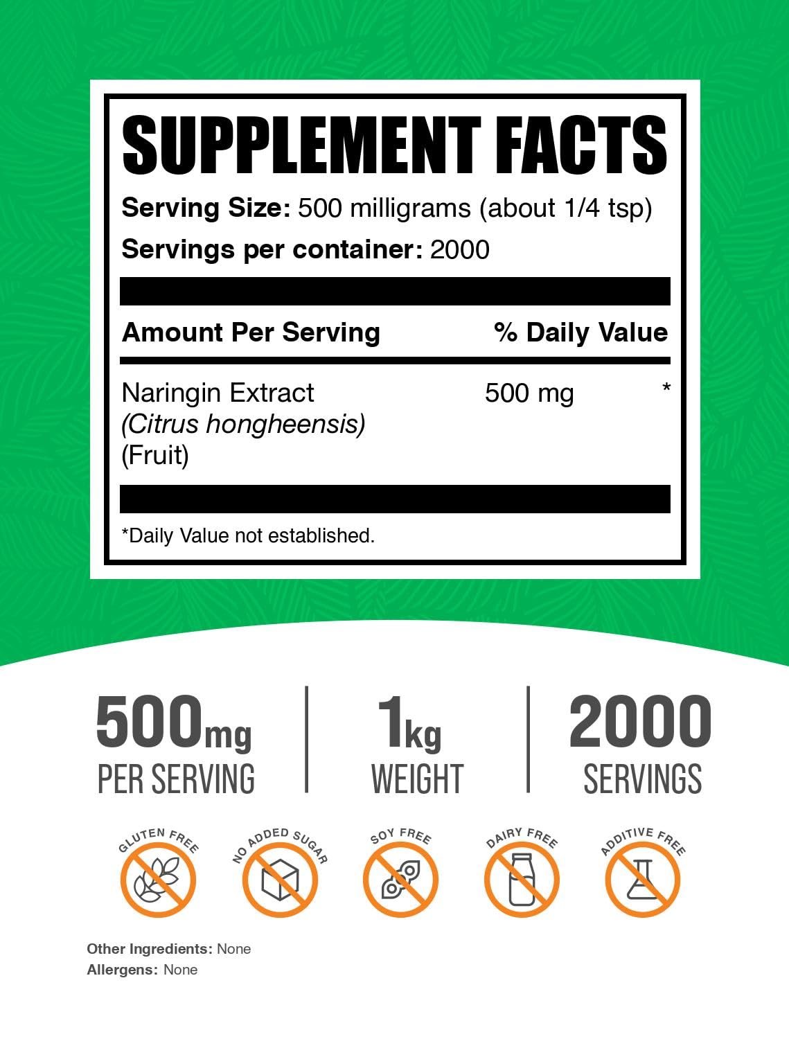 BulkSupplements.com Naringin Extract Powder - Sourced from Citrus Fruit, Naringin Supplement - Herbal Supplement, Gluten Free, 500mg per Serving, 1kg (2.2 lbs) (Pack of 1)