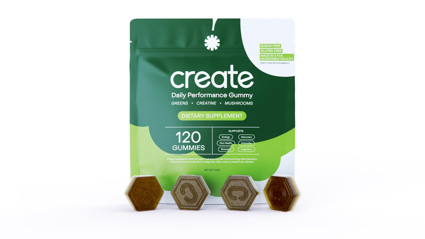 Create Daily Performance Gummy - Creatine Monohydrate Gummies for Men & Women - Boost Energy, Immunity, and Strength, Anti-Melting Formula, Vegan, Gluten-Free, Non-GMO, 1 g Creatine per Gummy (120 ct)