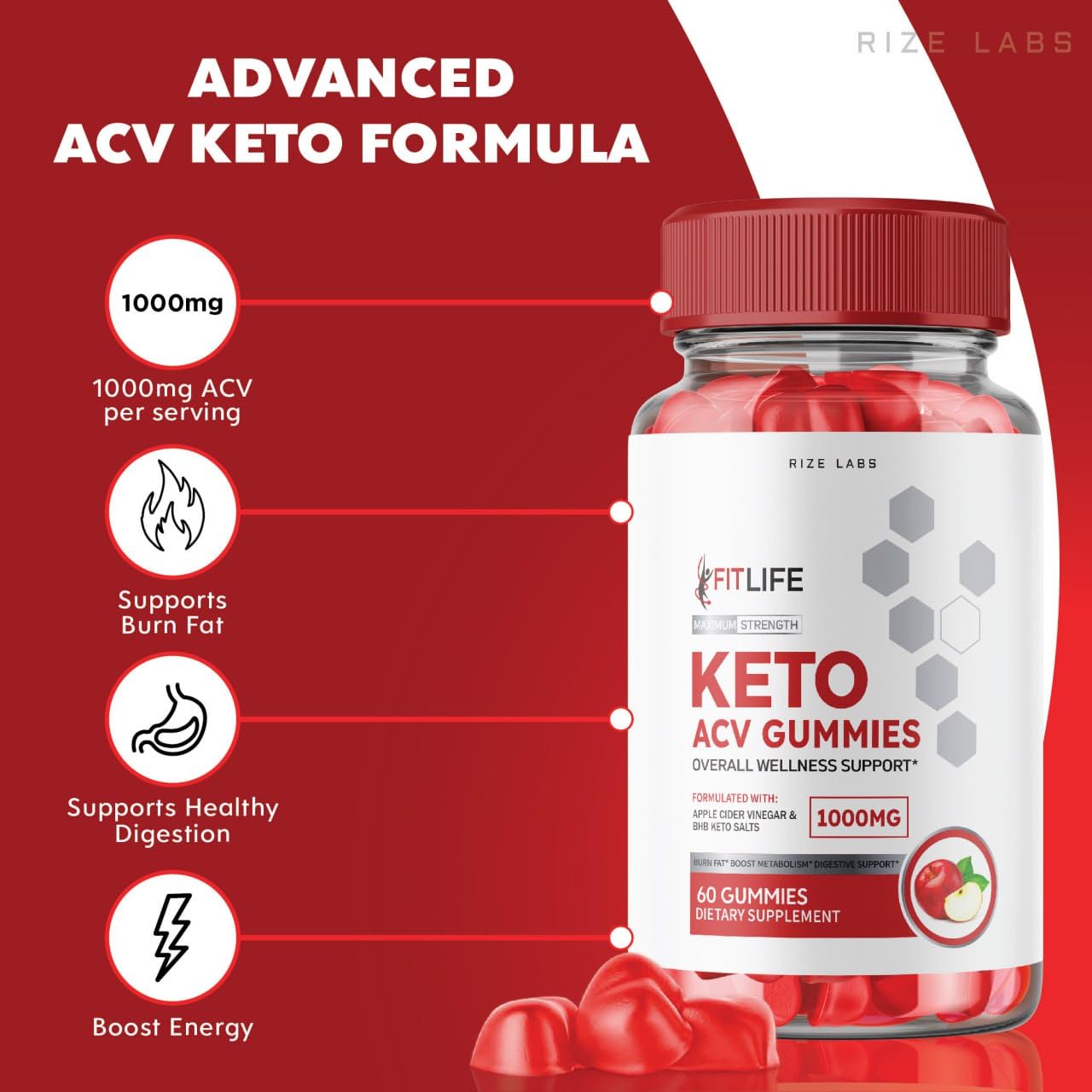 rize labs - FitLife Keto ACV Gummies, Supports Weight Loss with Apple Cider Vinegar, Extra Strength Supplement Helps in Reducing Belly Fat (60 Gummies)