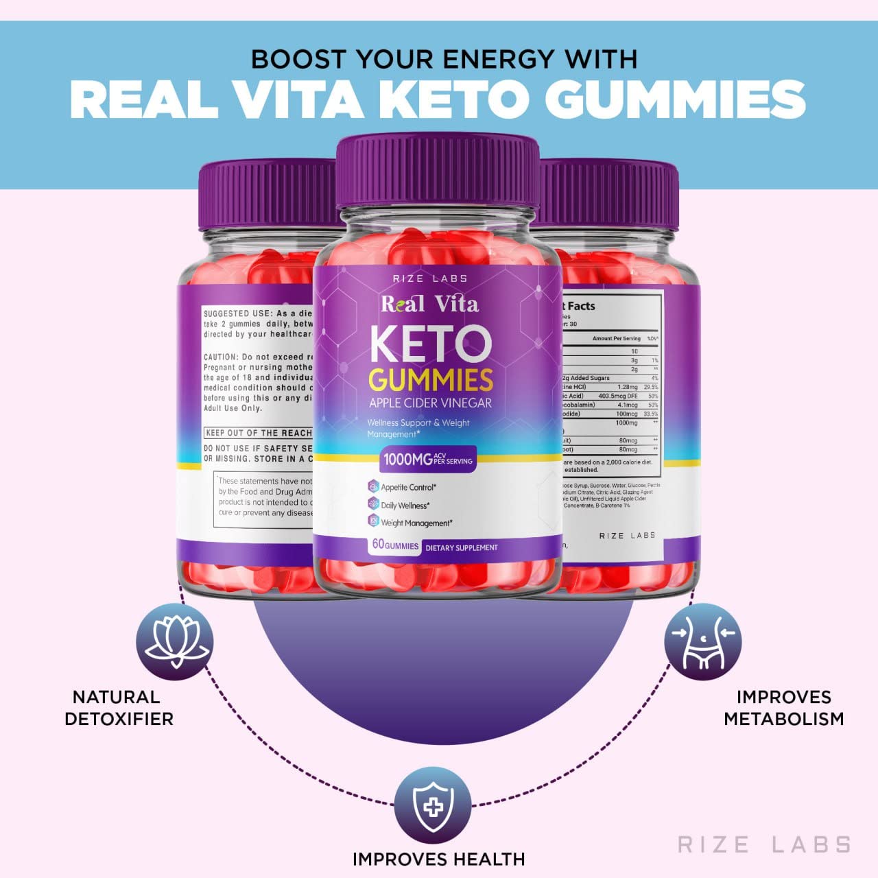 rize labs - Real Vita Keto ACV Gummies for Weight Loss Management Support - Advanced Formula - Apple Cider Vinegar Gummy (300 Gummies) (Pack of 5)