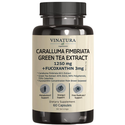 VINATURA Caralluma Fimbriata, EGCG 45% Extract 1250mg + Fucoxanthin 3mg per Serving *USA Made & Tested* for Immune Support, Energy and Mental Focus - 60 Capsules 30 Servings