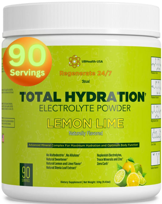 Total Hydration Electrolyte Replacement Mix Supplement Powder - 500 mg Potassium Citrate & Gluconate - Magnesium - Zink - Pink Salt - Natural Flavor -Stevia- No Allulose (90 Servings, Lemon Lime)