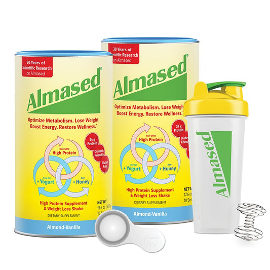 Almased Meal Replacement Shakes for Weight Loss - Protein Powder - Starter Kit (Almond Vanilla Flavor, 2 Cans of 17.6 oz + Shaker Bottle + Scoop)