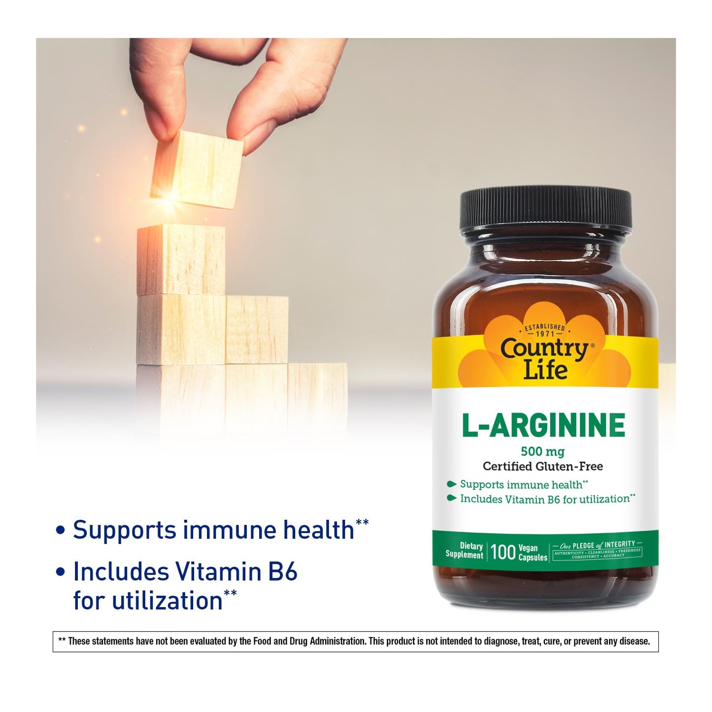 Country Life L-Arginine Caps with Vitamin B-6, 500mg, 100 Vegan Capsules, Certified Gluten Free, Certified Vegan