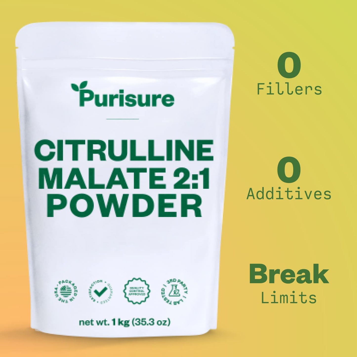Purisure L Citrulline Malate 2:1 Powder, 1 kg, Citrulline Supplement and Citrulline Nitrate for Strength Performance and Energy, Pre-Workout L Arginine L Citrulline Supplement Powder, 334 Servings
