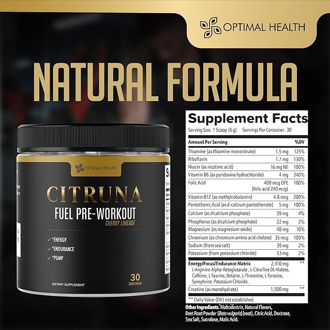 Citruna Fuel Pre Workout Mix and Energy Supplement, Zero Sugar Drink with B-Complex Vitamins to Boost Strength, Sharpen Focus, and Increase Endurance - 30 Servings, Cherry Limeade Flavor