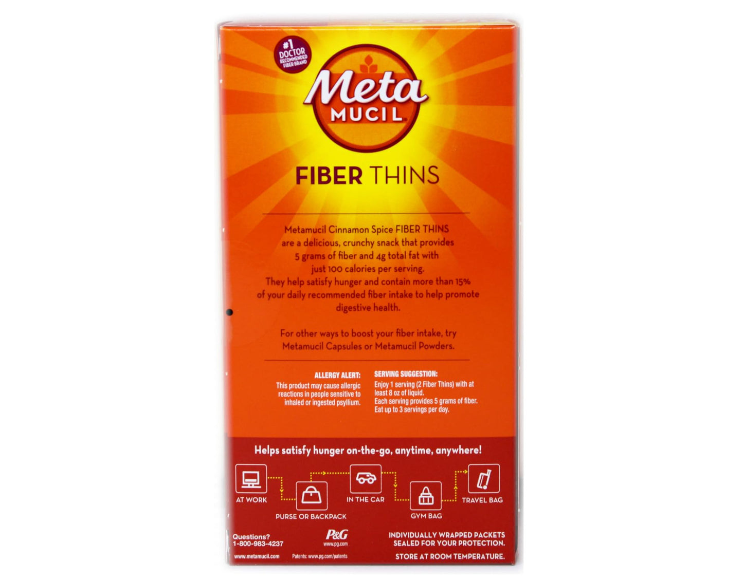 Metamucil Fiber Thins Cinnamon Spice 3-boxes of 12 packets. Each of the 12 packets contain 2 fiber thins
