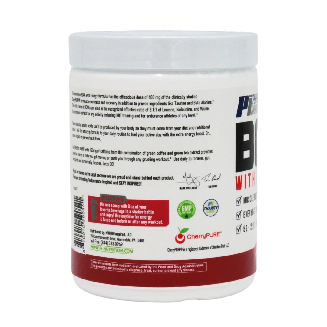 PERFORMANCE INSPIRED Nutrition BCAA with Energy - 5G BCAA, 480mg CherryPURE, 160mg Natural Caffeine - Supports Muscle Recovery & Endurance - Berry Flavor
