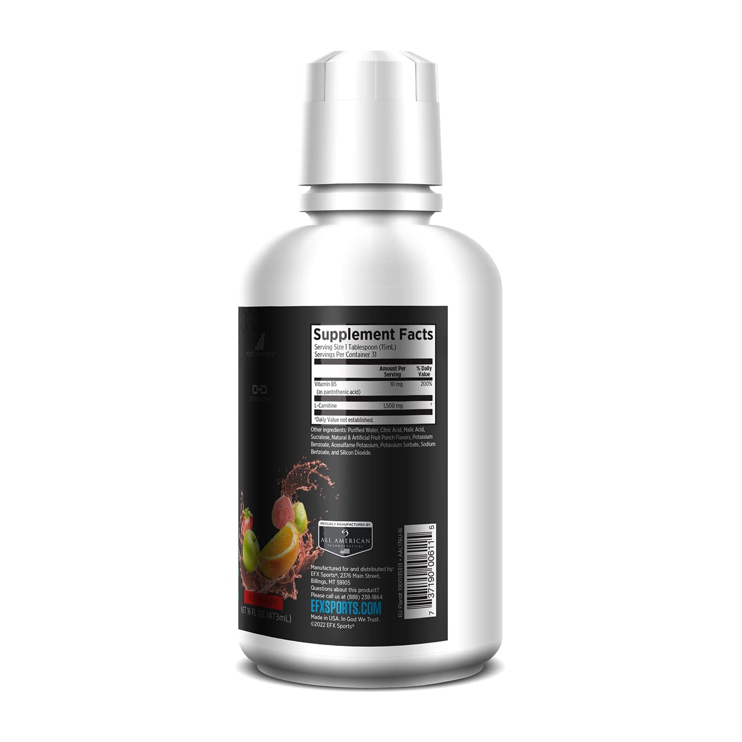 EFX Sports L-Carnitine Liquid 1500mg, Improve Performance and Strength, Vitamin B5 (31 Servings, Fruit Punch)