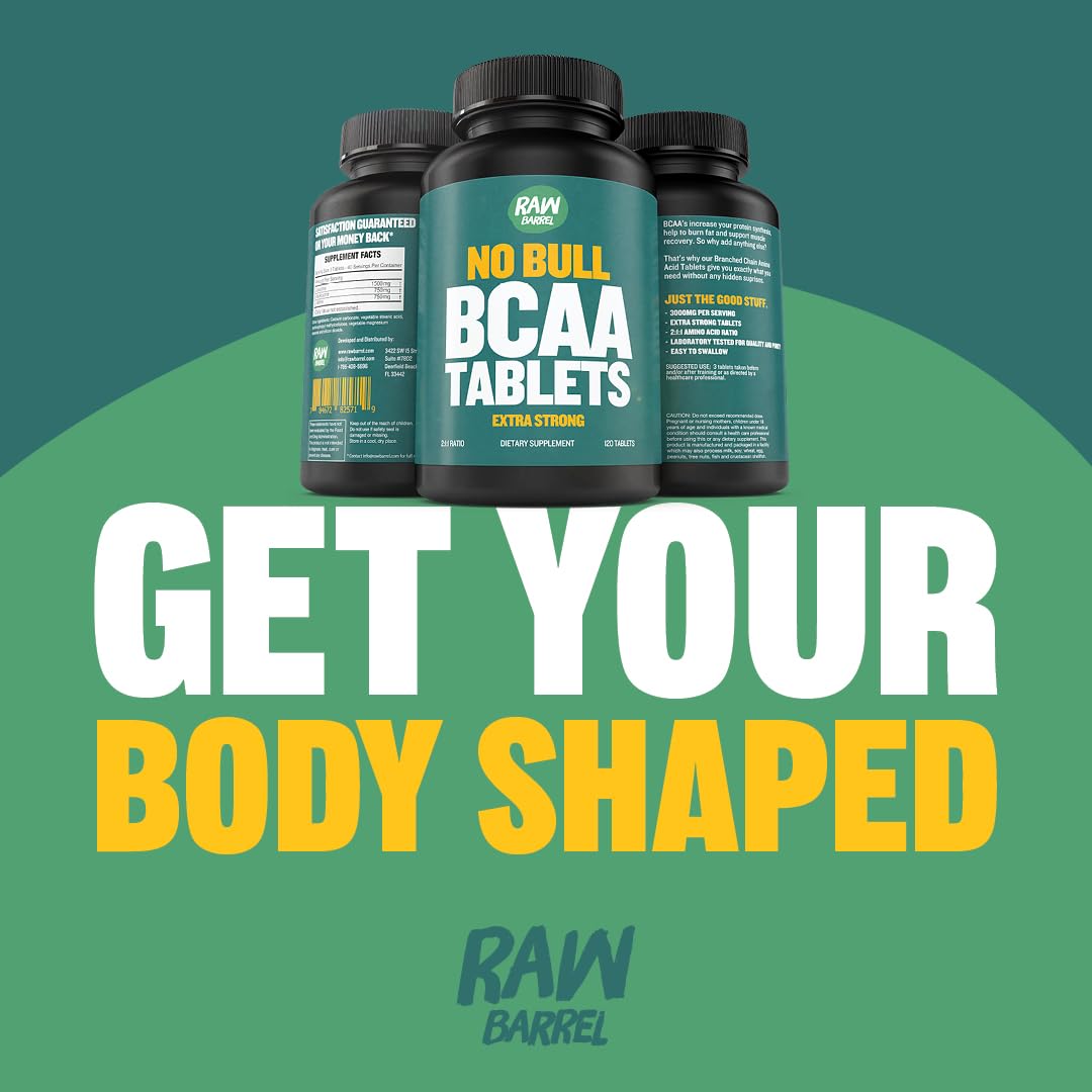 Raw Barrel BCAA Tablets - 120 Extra Strong 1000mg Pills - 2:1:1 Ratio Branched Chain Amino Acid Supplement - Non-GMO Natural Ingredients