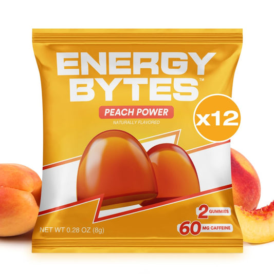 Energy Bytes Caffeine Gummies | Instant Energy Chews for Running, Cycling and Sports Performance | Vegan, Low Sugar | Peach Power (12-Pack)