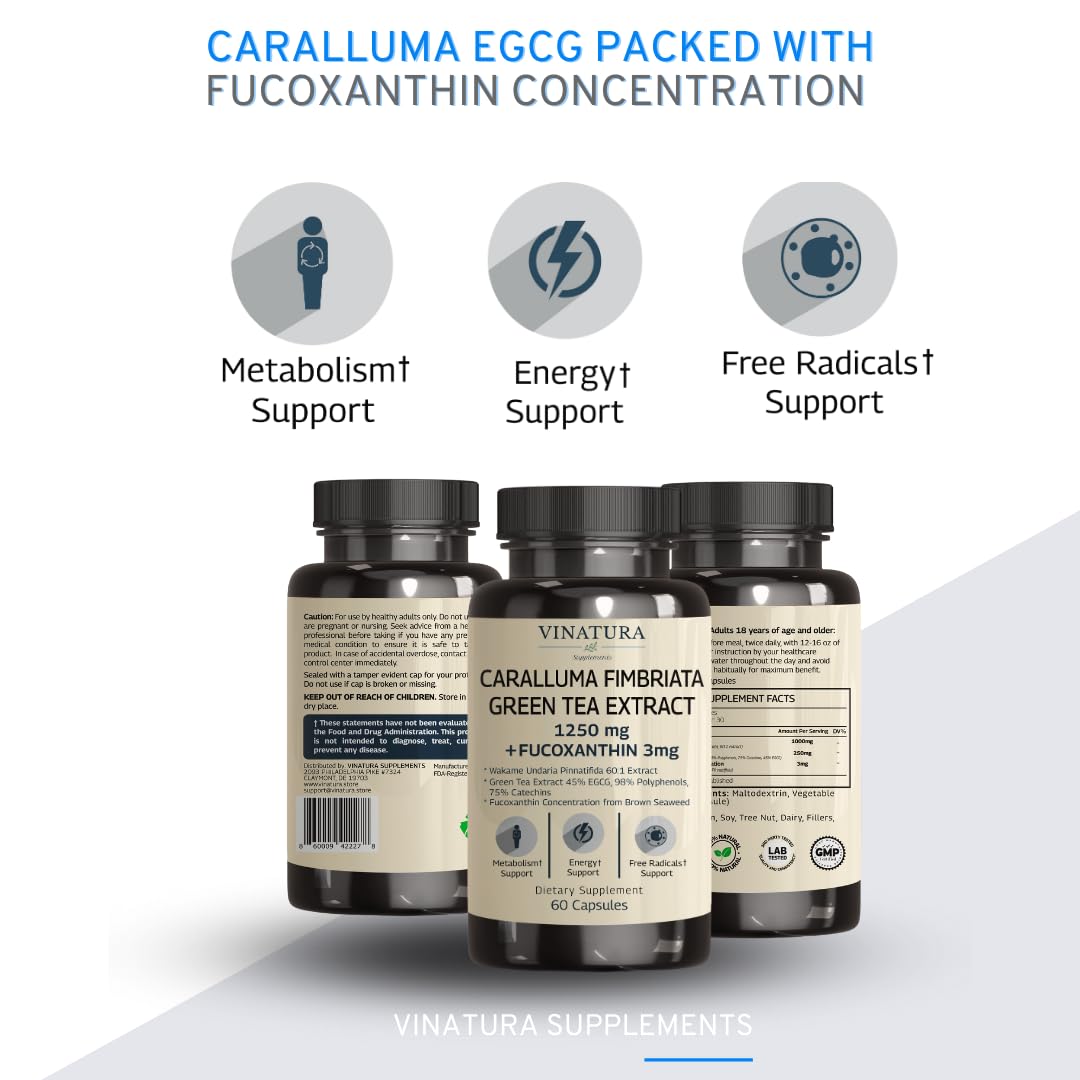 VINATURA Caralluma Fimbriata, EGCG 45% Extract 1250mg + Fucoxanthin 3mg per Serving *USA Made & Tested* for Immune Support, Energy and Mental Focus - 60 Capsules 30 Servings