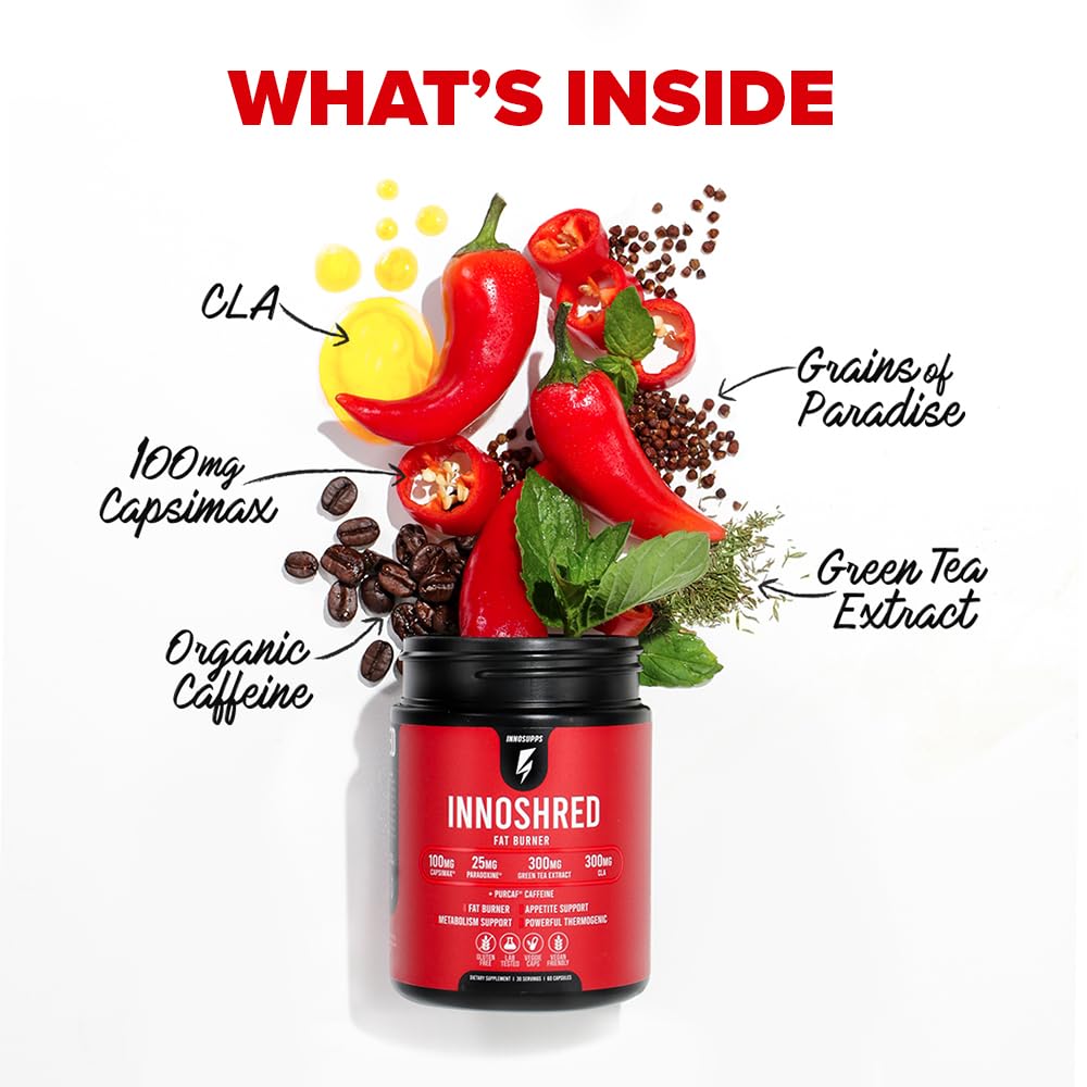 Inno Shred Fat Burner for Men and Women with 100mg Capsimax, Grains of Paradise, Organic Caffeine, Green Tea Extract, Appetite Suppressant, Weight Loss (60 Veggie Capsules) | (with Stimulant)