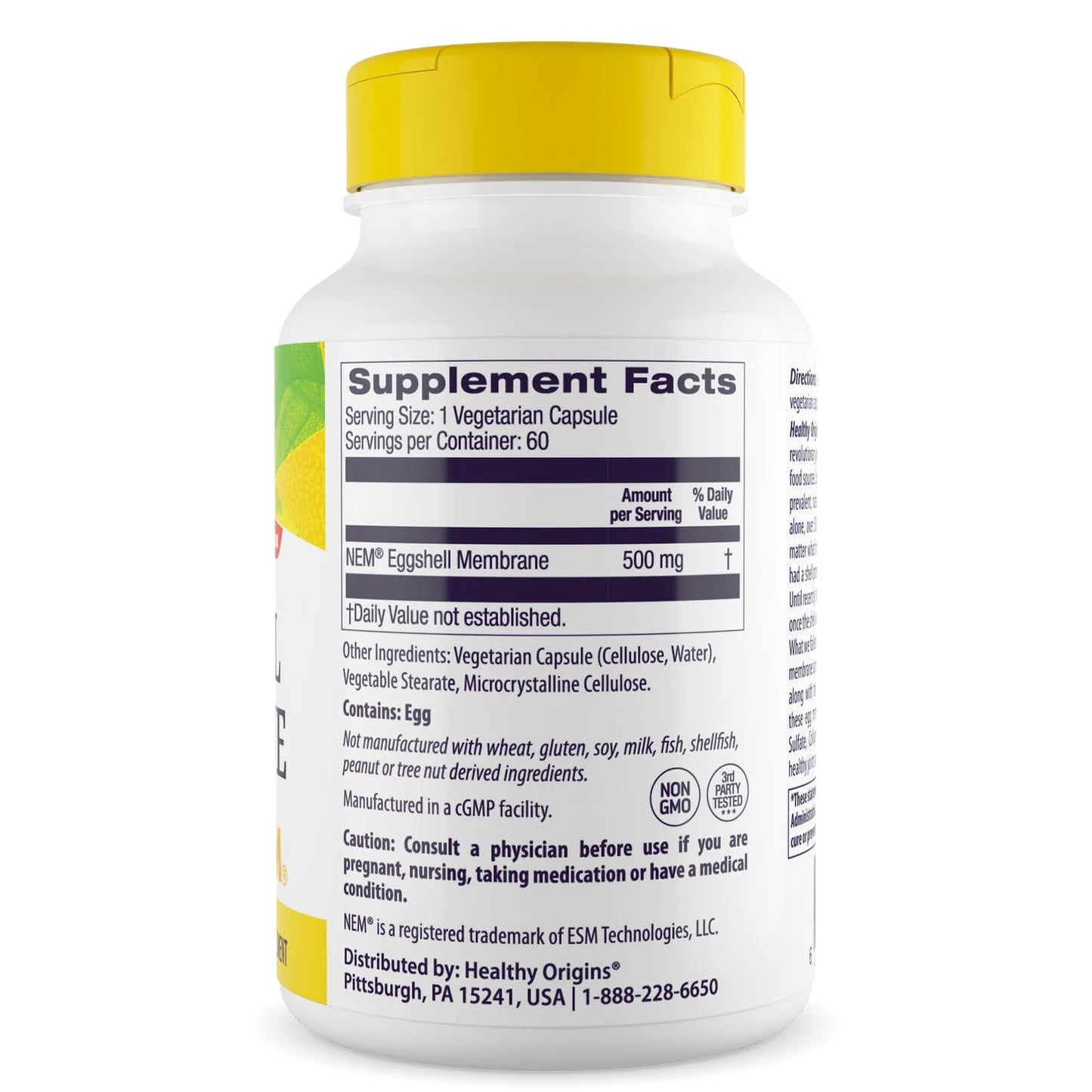 Healthy Origins Eggshell Membrane 500 mg (NEM, Non-GMO, Gluten Free, Joint Support), 60 Veggie Caps