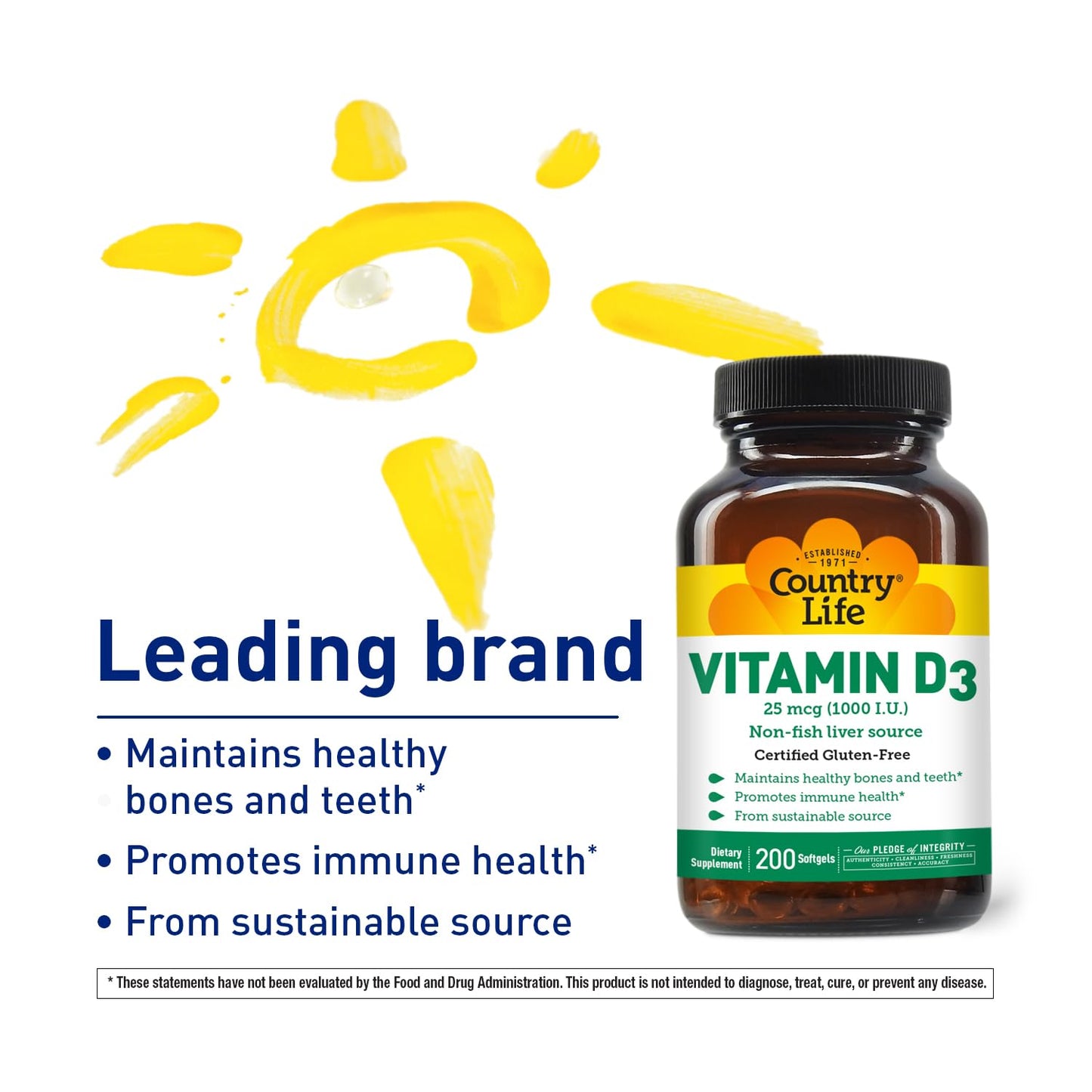 Country Life Vitamin D3 1000 IU Soft Gels, Large, 200 sg, 200 Count