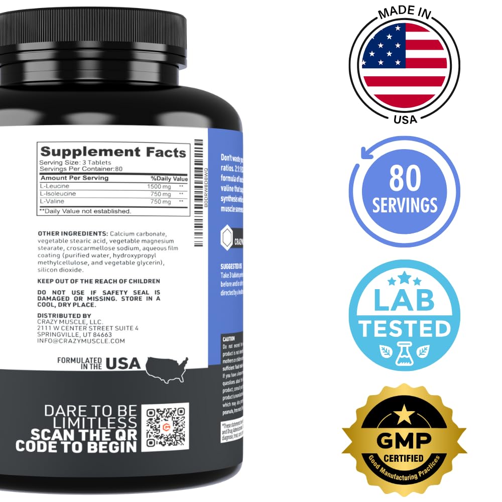 Crazy Muscle 3000mg BCAA Pills (2 Month Supply) with The Optimum 2:1:1 Ratio of Branched Chain Amino Acids for Recovery and Growth - 1000mg BCAAs per Pill (More Than BCAA Capsules) - 240 Tablets