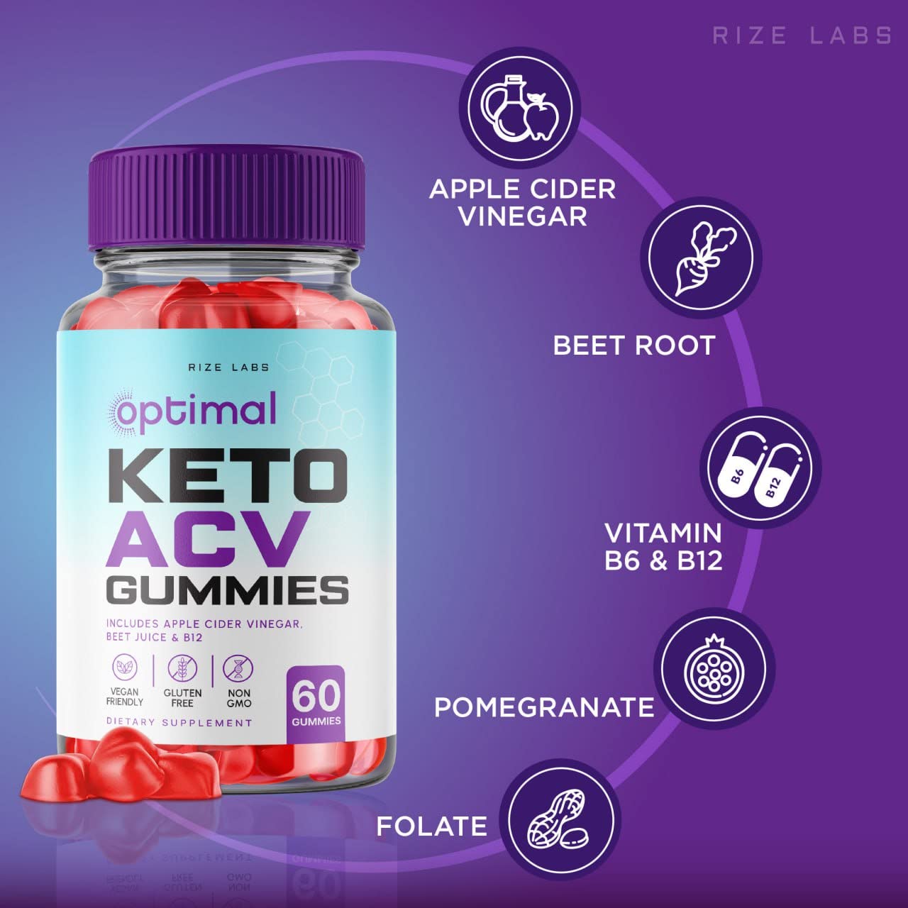 rize labs - Optimal Keto ACV Gummies with Apple Cider Vinegar, Advanced Weight Loss Formula, Gluten Free and Non-GMO Supplement, Helps in Reducing Belly Fat (180 Gummies)