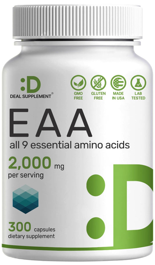 Essential Amino Acids (EAA) 2000mg Per Serving, 300 Capsules - Unflavored - 9 in 1, All BCAAs (Branched-Chain Aminos) - Lean Muscle Support & Natural Pre Workout Supplement