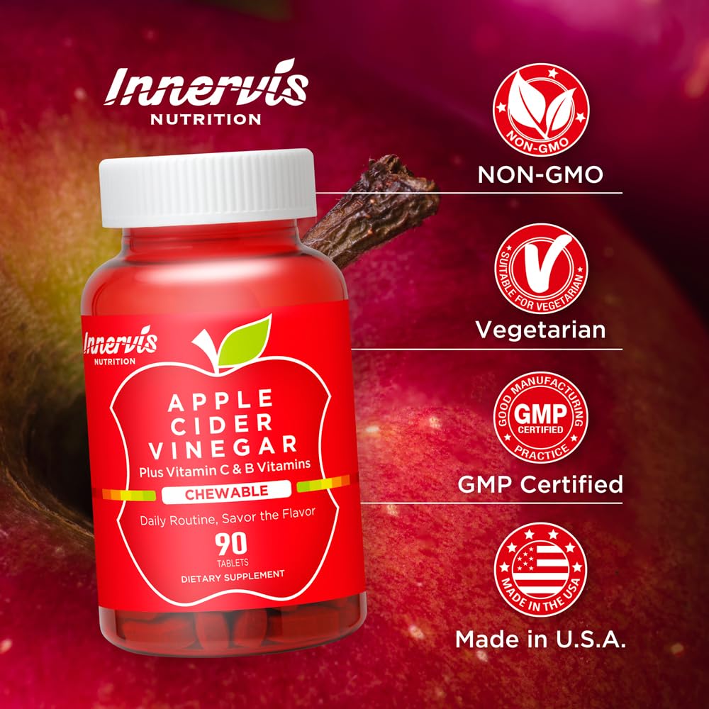 INNERVISNUTRITION Apple Cider Vinegar 90 Chewable Tablets with Multi Vitamin Healthy Heart Immune Support Energy Production Supplement