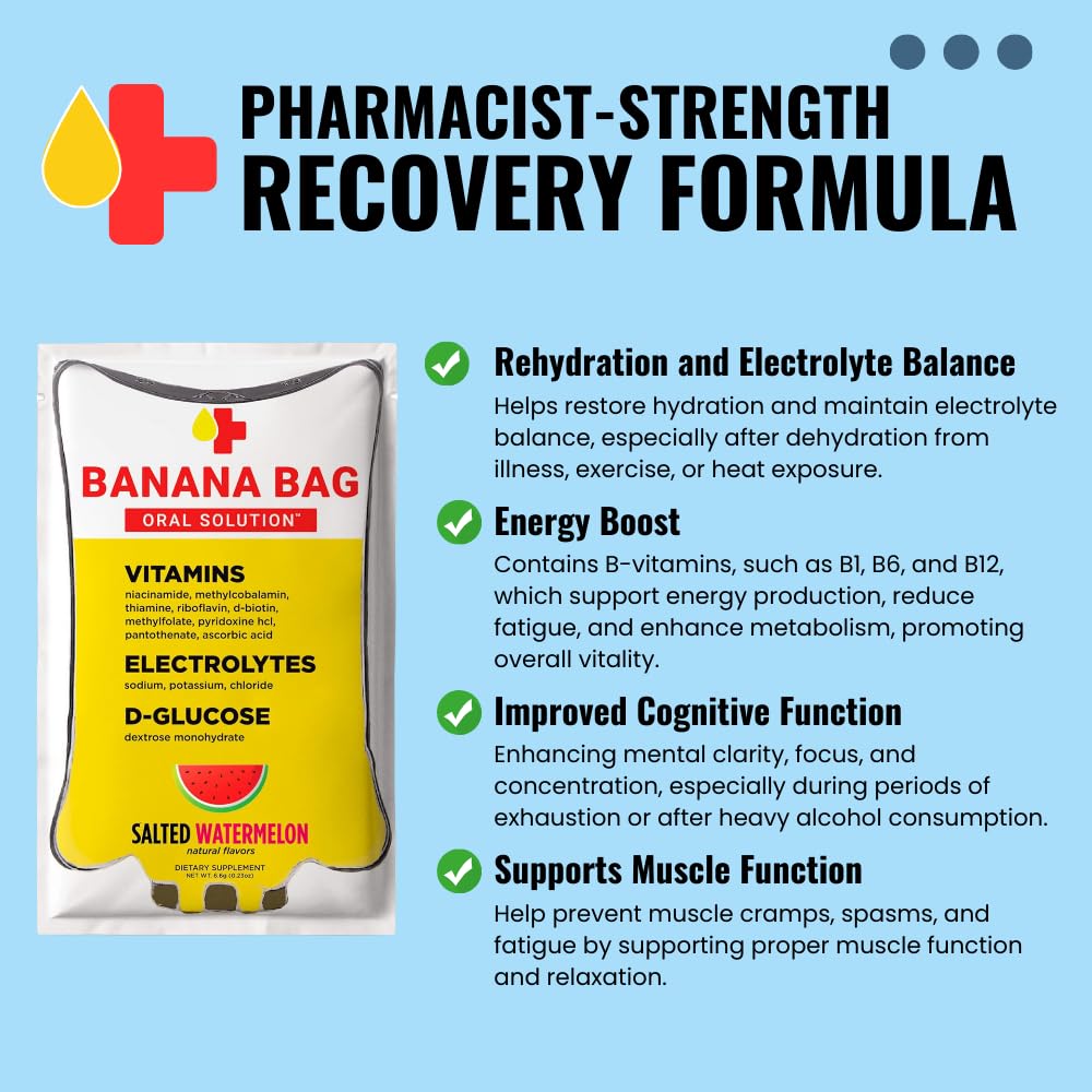 Banana Bag Oral Solution Packets - Salted Watermelon 30pk | A Refreshing Blend of Electrolytes, Vitamin C, and B-Complex for Hydration and Energy. Convenient, Easy-to-Mix, and Perfect for Daily Use.