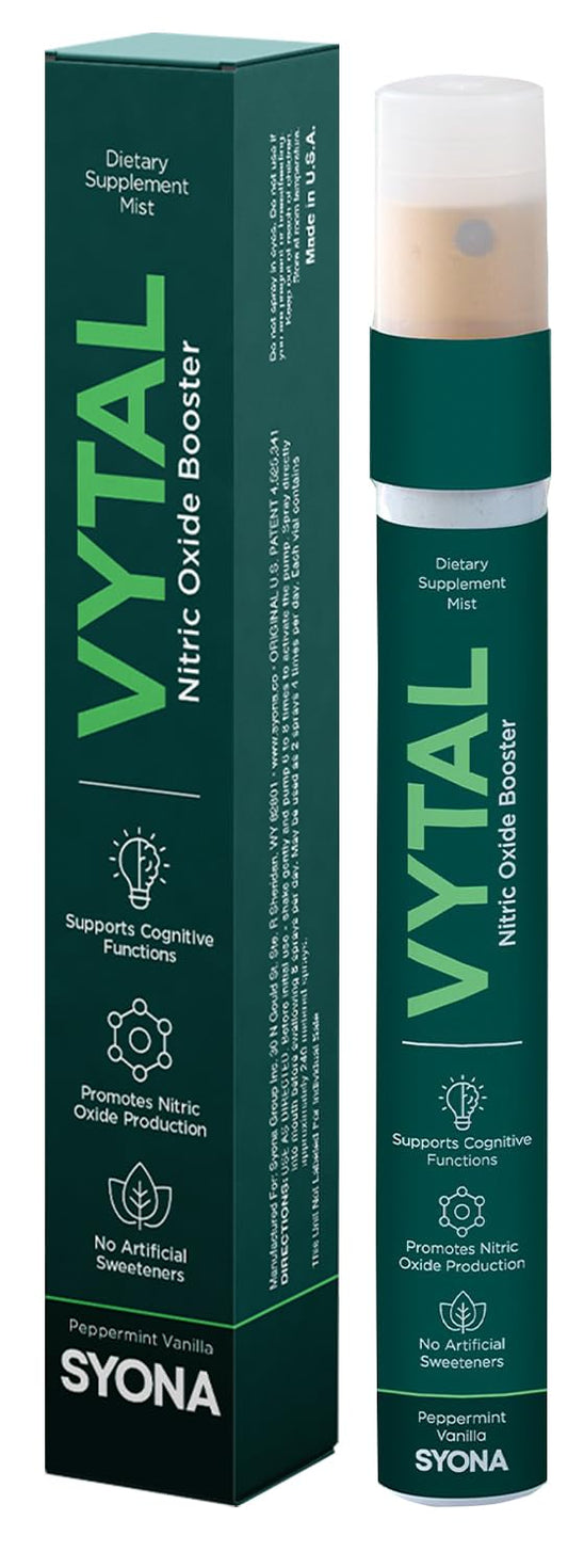 SYONA - VYTAL - Nitric Oxide Boosting Spray - Cardiovascular and Cognitive - Peppermint and Vanilla Flavor - B12, B3, L-Arginine - 14ml Pump Bottle