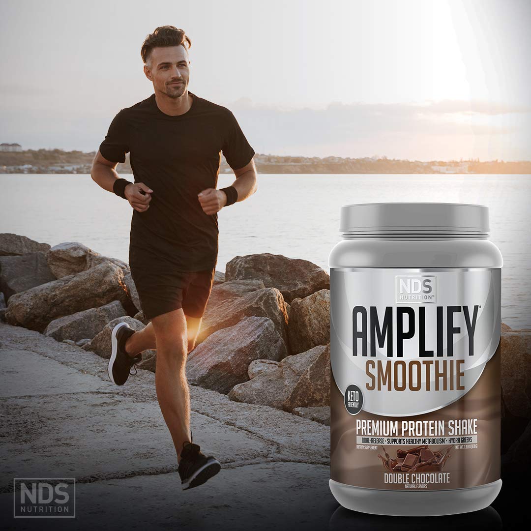 AMPLIFY NDS Nutrition Smoothie Premium Whey Protein Powder Shake with Added Greens and Amino Acids - Build Lean Muscle, Gain Strength, Lasting Energy, and Lose Fat - Double Chocolate (30 Servings)