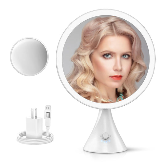 METUEGO 10 Inch Lighted Makeup Mirror with 7X Magnification,3 Colors & 10 Brightness Levels, Rechargeable Vanity Mirror with 5000mAh Battery, Anti-Glare,Gift Box (White)