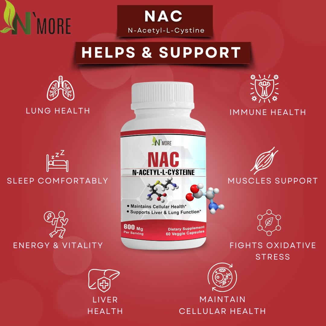 N'More N-Acetyl-Cysteine (NAC) 600 Mg 60 Veggie Capsules Non-GMO, Gluten Free