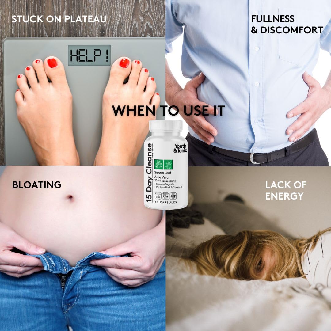 Youth & Tonic Jumpstart Cleanse - Water Weight Away Pills & 15 Day Colon Detox & Gut Cleanser for Bloating, Energy, and Metabolism Support - Aids in Shedding Excess Fluids for a Lighter Body - 90 Caps
