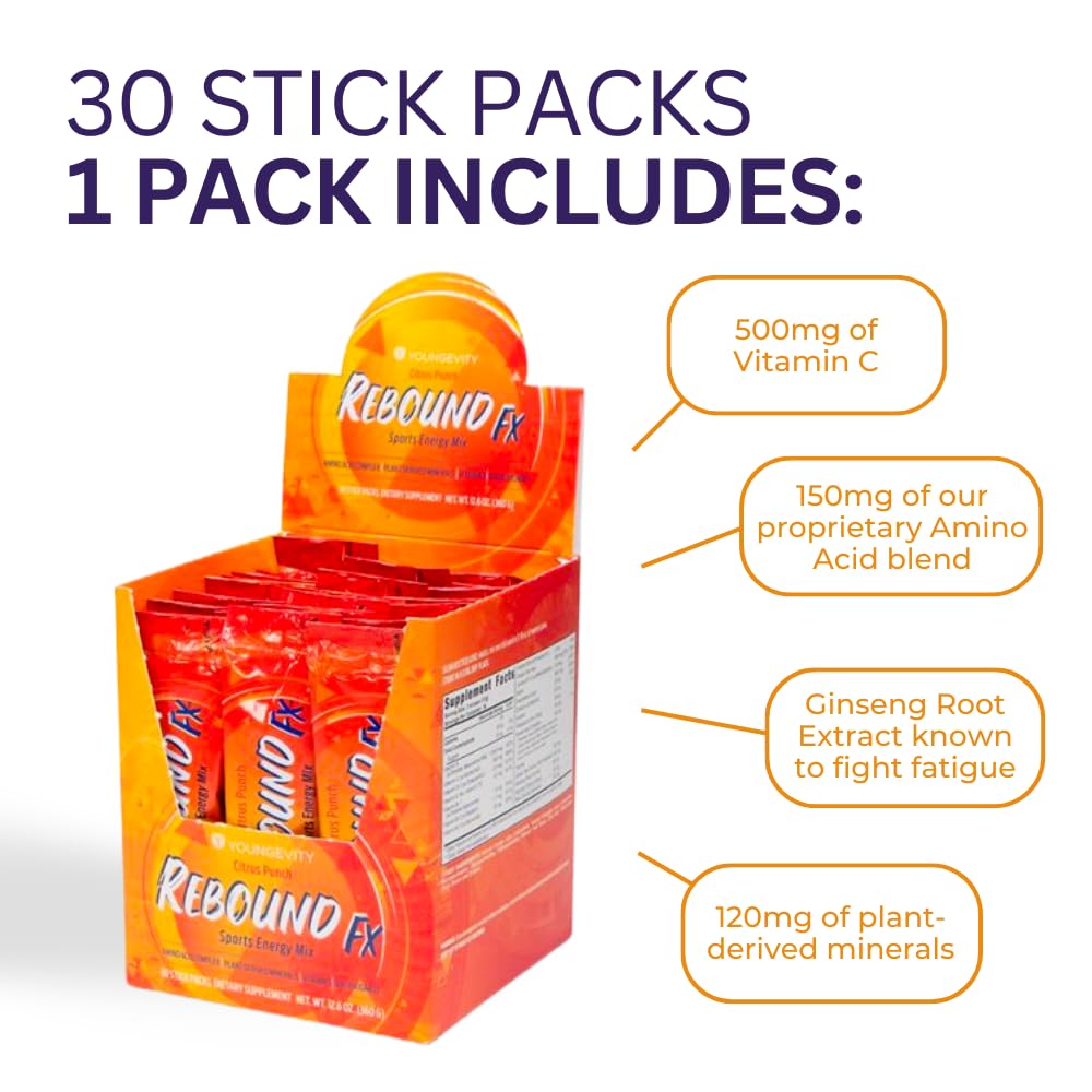 Youngevity Rebound FX™ Citrus Punch On-The-Go Stick Packs - 30 Count Box - Sports Energy Drink with Vitamins, Amino Acids, and Electrolytes - Natural Caffeine - Supports Hydration and Recovery