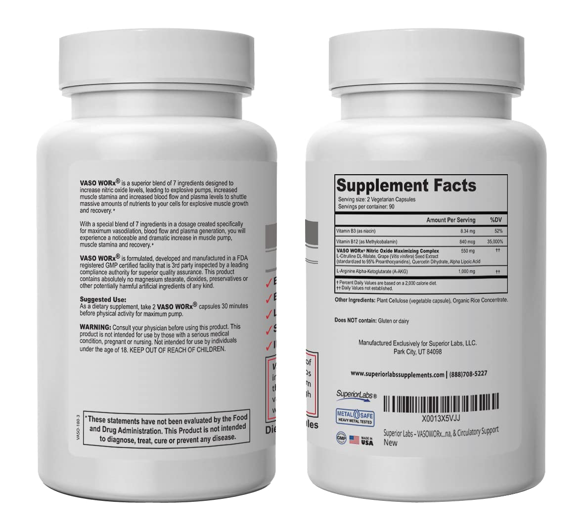 Superior Labs - VASOWORx® - Nitric Oxide Supplement - Extra Strength - 1,600 mg, 180 Vegetable Capsules - 7 Powerful Ingredients - Increased Energy, Stamina, & Circulatory Support