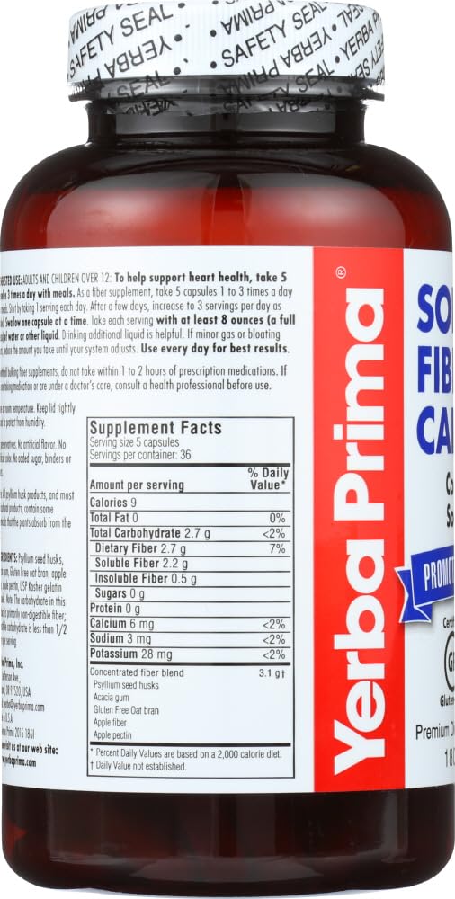 Yerba Prima Soluble Fiber Capsules, 180-Count - Natural Dietary Supplement Formula, Non-GMO, Gluten Free