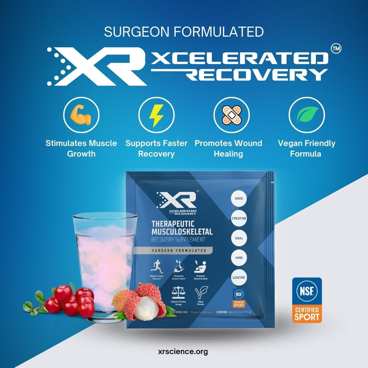 XR™ Therapeutic Musculoskeletal Recovery Supplement 14-Pack | Injury & Surgery Recovery | Amino Acids, HMB, Creatine, AAKG | Cranberry Lychee Flavor Powder Drink Mix | NSF Certified for Sport
