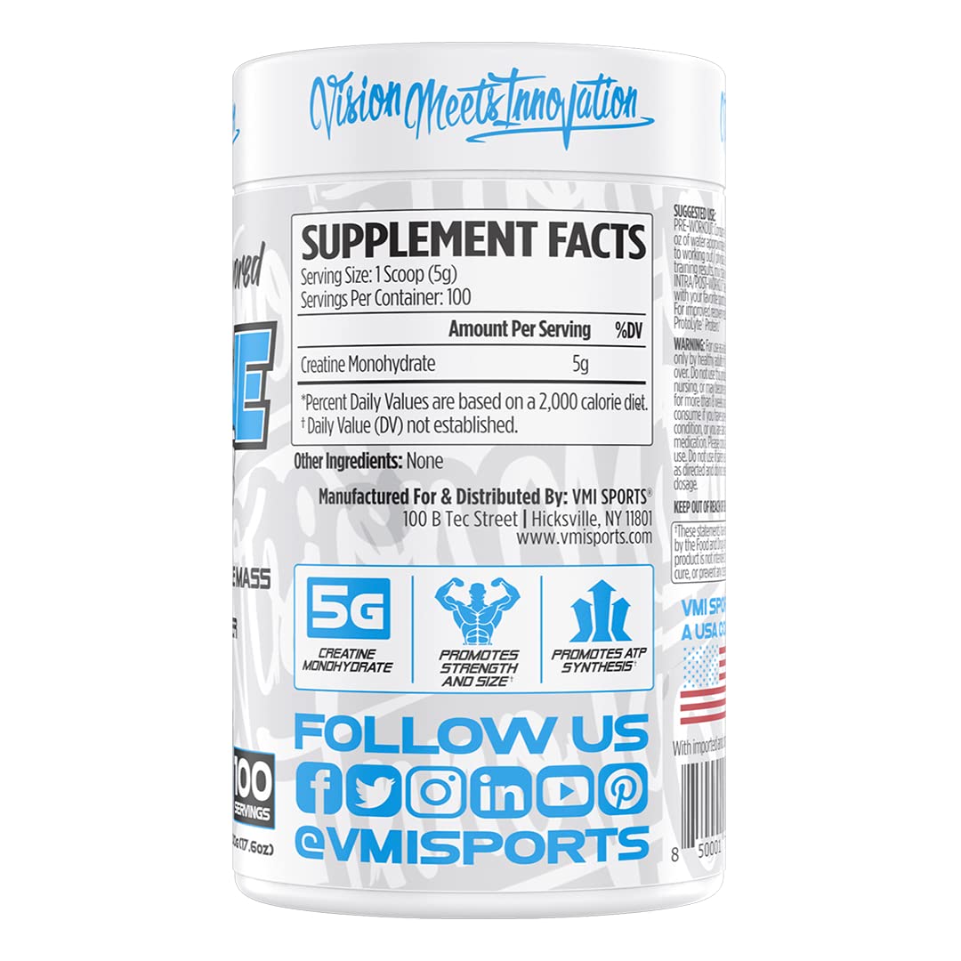 VMI Sports Creatine Monohydrate Unflavored Powder Muscle Mass - Strength - Size - Power | 5 Grams per Serving (500 Grams)