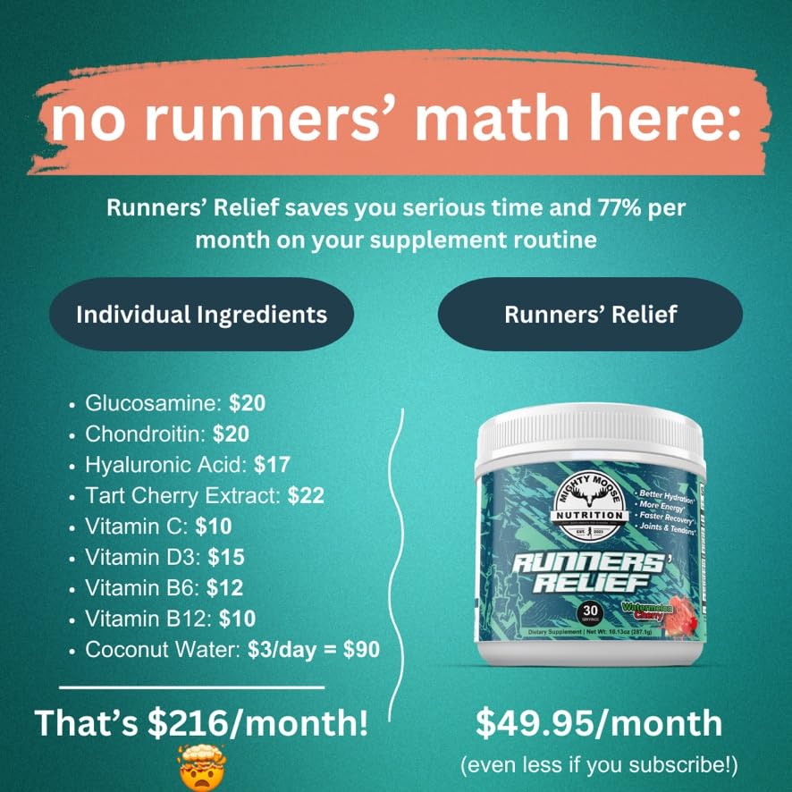 Runners' Relief - Joint Support & Muscle Recovery Supplement - Glucosamine Chondroitin - Fasting Electrolytes - Stimulant-Free Pre/Post Workout Energy - Watermelon Cherry with Tart Cherry Extract