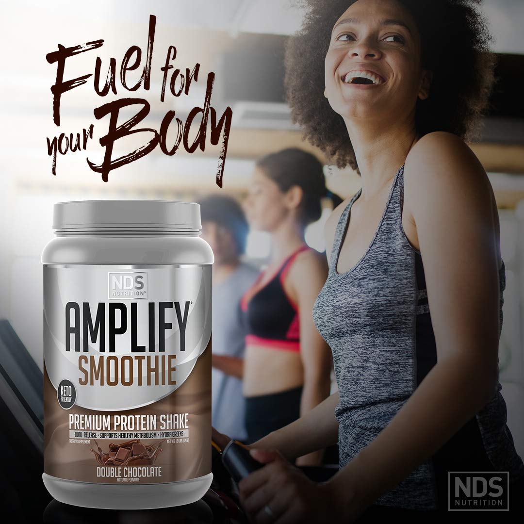 AMPLIFY NDS Nutrition Smoothie Premium Whey Protein Powder Shake with Added Greens and Amino Acids - Build Lean Muscle, Gain Strength, Lasting Energy, and Lose Fat - Double Chocolate (30 Servings)