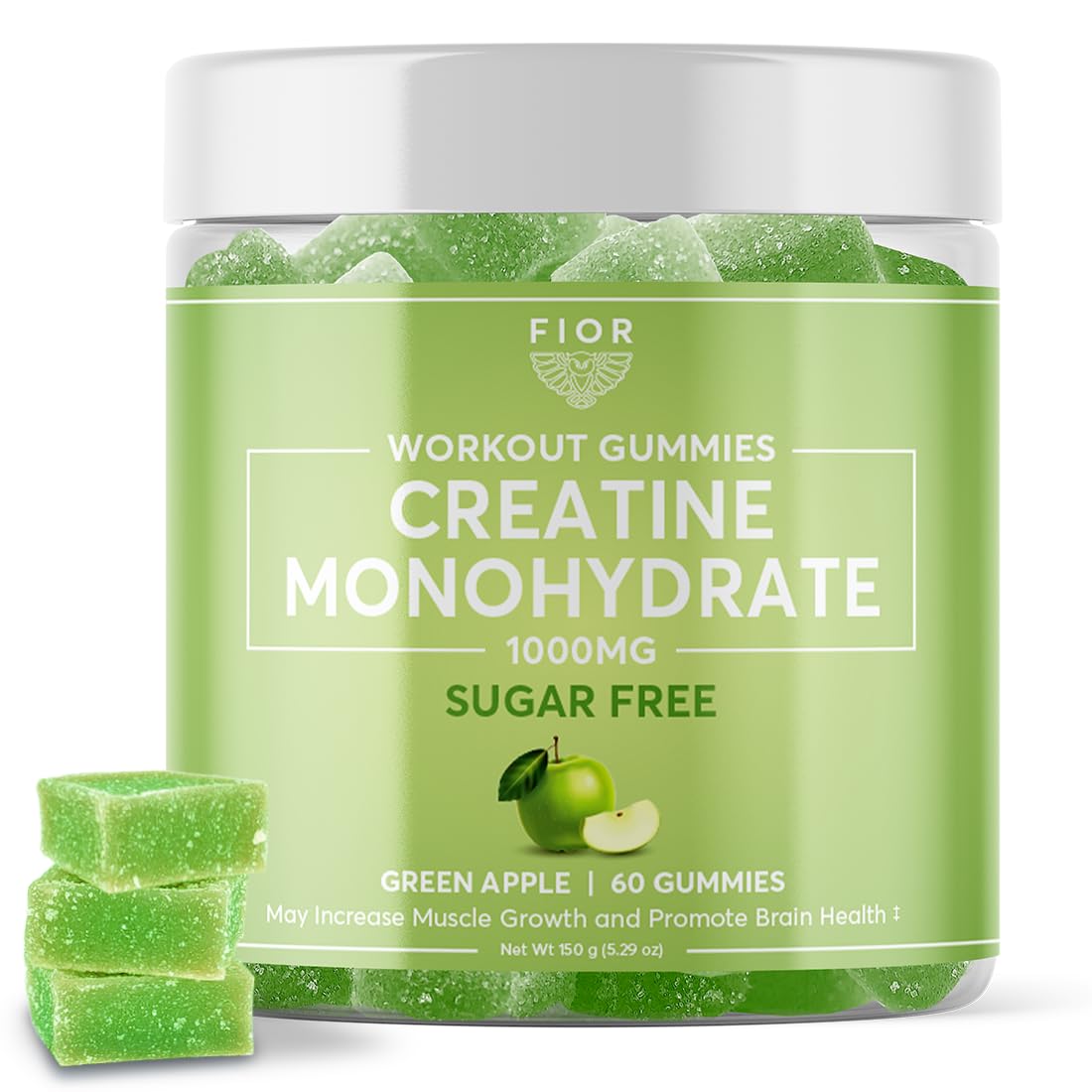 FIOR Sugar-Free Creatine Gummy - Best Creatine Monohydrate Chewable, 60 Count, Workout & Protein Supplement, Cognitive Enhancement, Green Apple Flavor, 30 Servings
