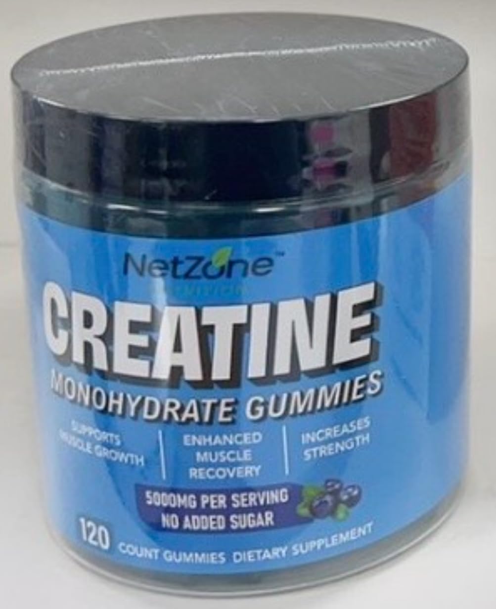NetZone Nutrition Creatine Monohydrate Gummies for Men & Women-5g of Creatine Monohydrate per Serving- Increase Strength and Build Muscle,Sugar Free,Vegan,Blueberry Flavor, 120 Count