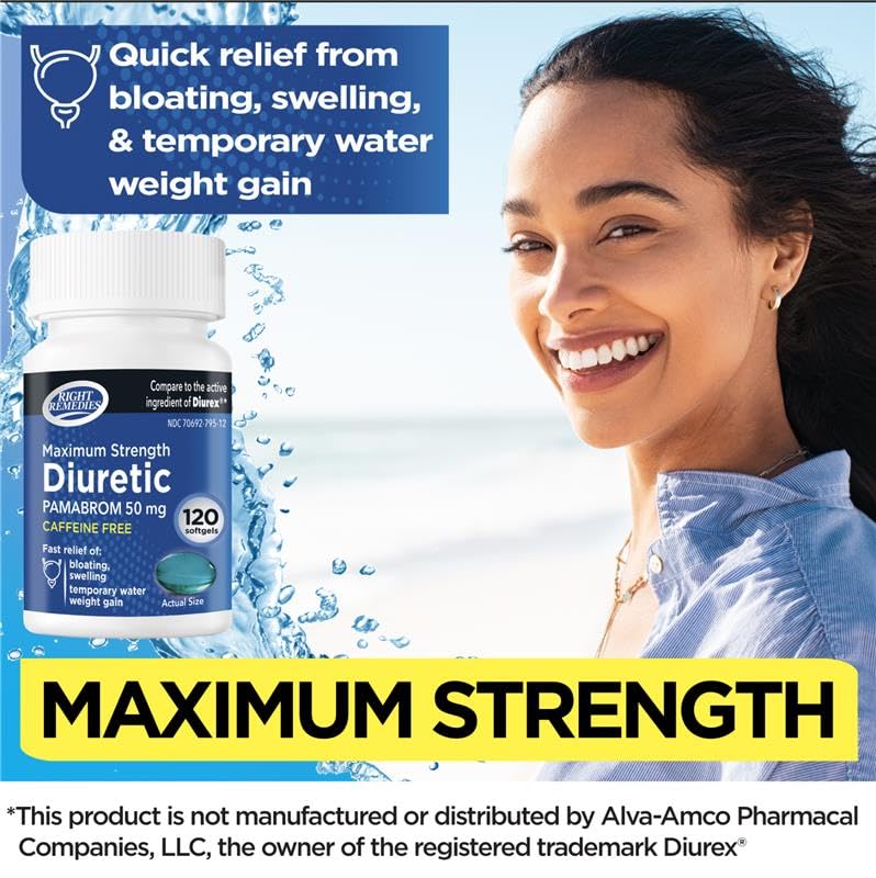 RIGHT REMEDIES Maximum Strength Caffeine-Free Diuretic Softgels, (120 Softgels), Pambrom 50mg, Helps Relieve Heaviness Due to Water Weight gain